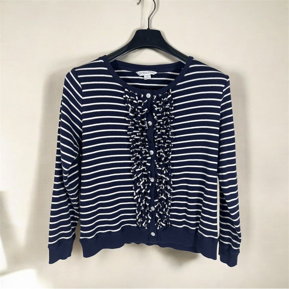 Pendleton Navy White Stripe Button Cardigan Ruffle Cotton Sweater XL Preppy